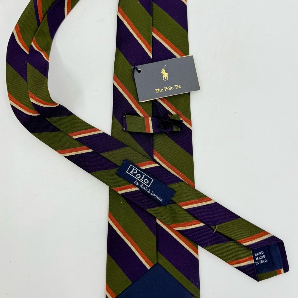 Polo By Ralph Lauren Green / Purple Stripe‎ Tie 100% Silk made in Italy New NWT - Picture 4 of 9
